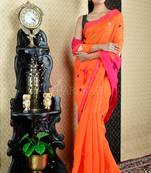 Orange Blended Cotton Saree With Deep Pink Pallu