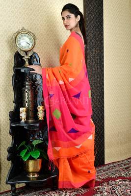Orange Blended Cotton Saree With Deep Pink Pallu 2