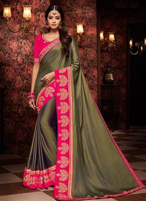 Dark olive embroidered silk saree with blouse 1