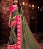 Dark olive embroidered silk saree with blouse