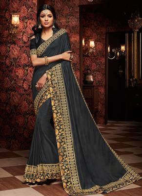 Dark grey embroidered silk saree with blouse 1