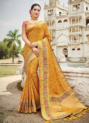 Mustard woven silk saree with blouse 1