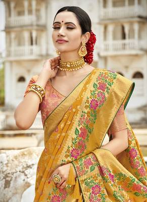 Mustard woven silk saree with blouse 2