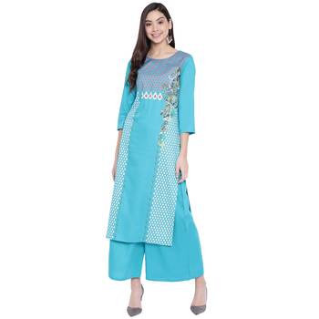Turquoise printed rayon kurtas-and-kurtis 1