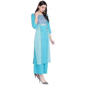 Turquoise printed rayon kurtas-and-kurtis 4
