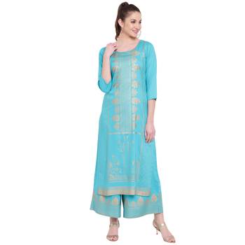 Turquoise printed rayon kurtas-and-kurtis 1