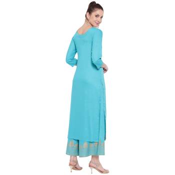 Turquoise printed rayon kurtas-and-kurtis 2