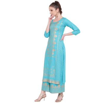 Turquoise printed rayon kurtas-and-kurtis 3