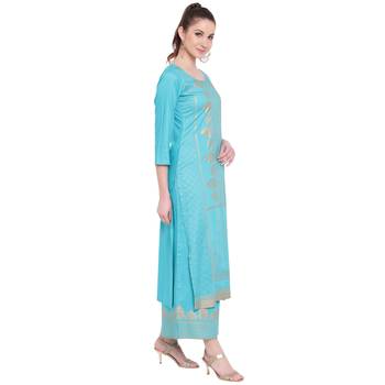 Turquoise printed rayon kurtas-and-kurtis 4