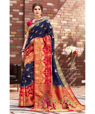 blue woven silk blend saree with blouse 1