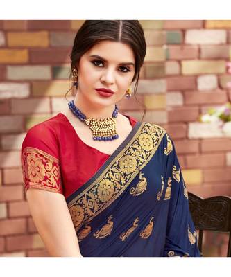 blue woven silk blend saree with blouse 2
