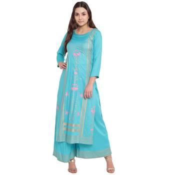 Turquoise printed rayon kurtas-and-kurtis 1