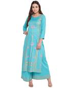 Turquoise printed rayon kurtas-and-kurtis