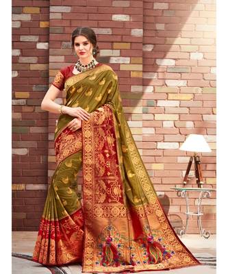 green woven silk blend saree with blouse 1