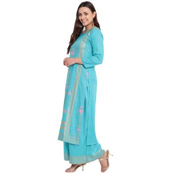 Turquoise printed rayon kurtas-and-kurtis 3