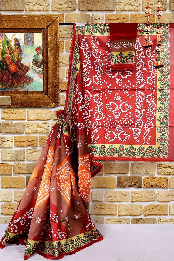Multicolor Printed Bandhani Cotton Silk Saree With Blouse 