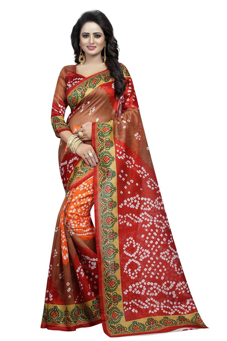 Multicolor Printed Bandhani Cotton Silk Saree With Blouse 