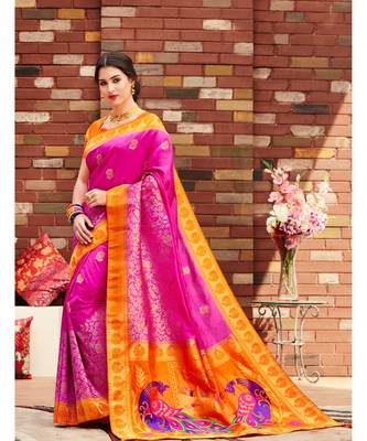 pink woven silk blend saree with blouse 1