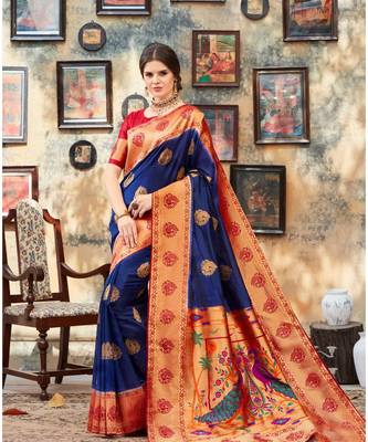 blue woven silk blend saree with blouse 1