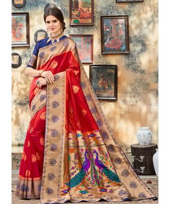 red woven silk blend saree with blouse 1