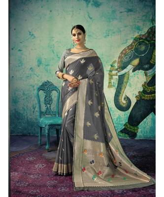 grey woven silk blend saree with blouse 1