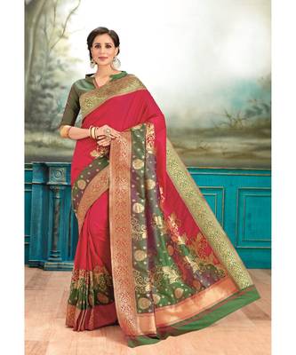 red woven silk blend saree with blouse 1