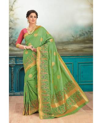 green woven silk blend saree with blouse 1