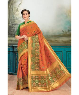 orange woven silk blend saree with blouse 1