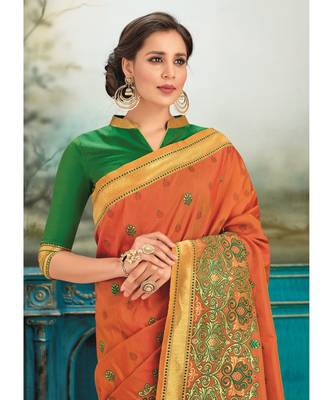orange woven silk blend saree with blouse 2
