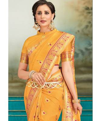 yellow woven silk blend saree with blouse 2