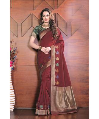 red woven silk blend saree with blouse 1
