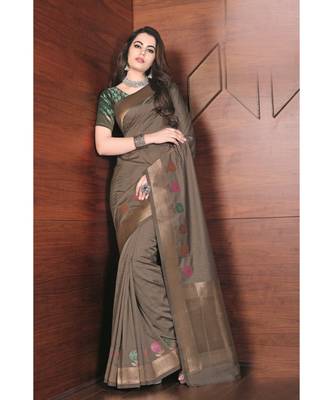 beige woven silk blend saree with blouse 1