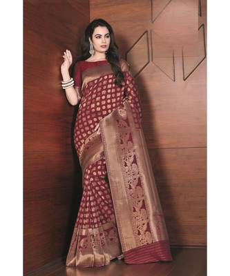 red woven silk blend saree with blouse 1