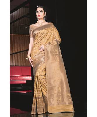 yellow woven silk blend saree with blouse 1