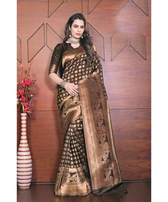 brown woven silk blend saree with blouse 1
