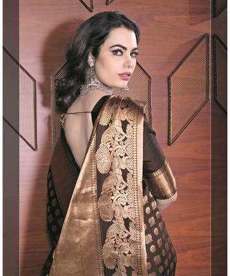 brown woven silk blend saree with blouse 2
