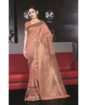 peach woven silk blend saree with blouse 1