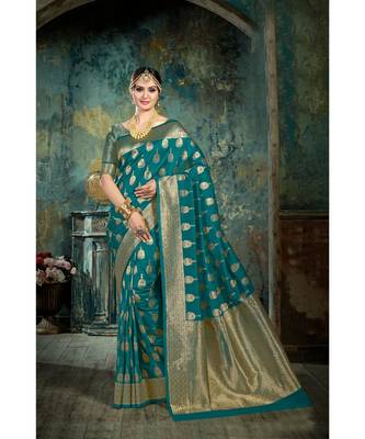 green woven silk blend saree with blouse 1