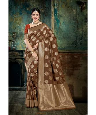 brown woven silk blend saree with blouse 1