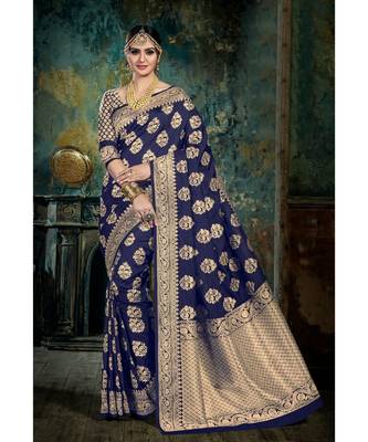 blue woven silk blend saree with blouse 1