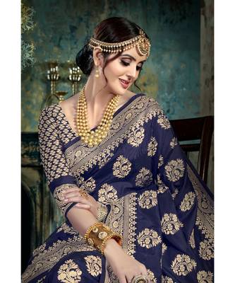 blue woven silk blend saree with blouse 2