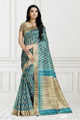 Turquoise Printed Art Silk Saree With Blouse 1