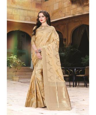 cream woven silk blend saree with blouse 1