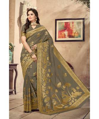 grey woven silk blend saree with blouse 1