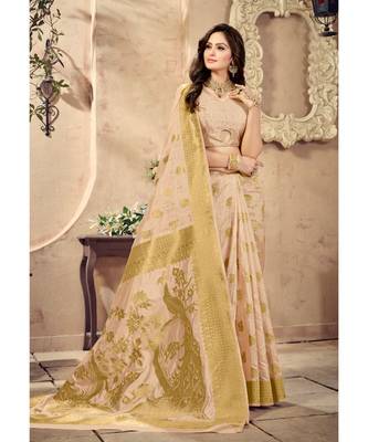cream woven silk blend saree with blouse 1
