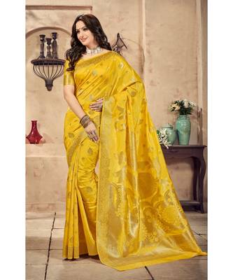 yellow woven silk blend saree with blouse 1