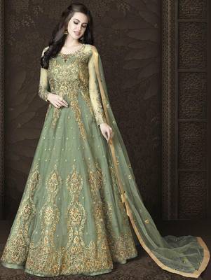Light Mehendi Color Butterfly Net Heavy Embroidery And Diamonds Designer Suit  1