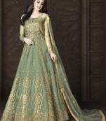 Light Mehendi Color Butterfly Net Heavy Embroidery And Diamonds Designer Suit 