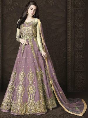 Light Purple Butterfly Net Heavy Embroidery And Diamonds Designer Suit  1