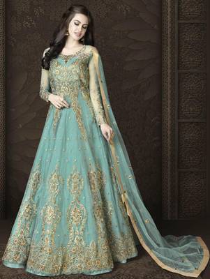 Soft Cyan Butterfly Net Heavy Embroidery And Diamonds Designer Suit  1
